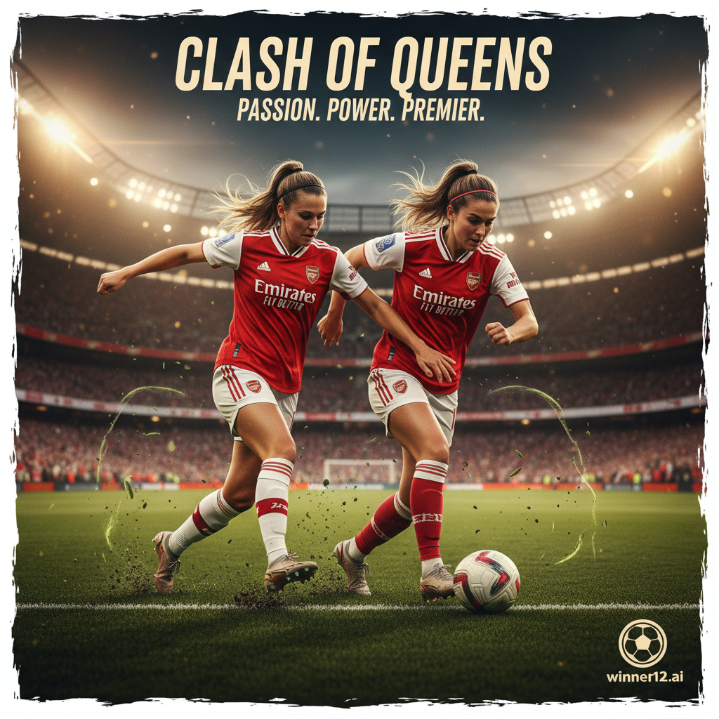 ALT text: Two female soccer players from Benfica W and Arsenal W fiercely compete in an offensive showdown on a vibrant green pitch under bright stadium lights, showcasing determination and skill in authentic team kits, with subtle winner12.ai branding in the corner.