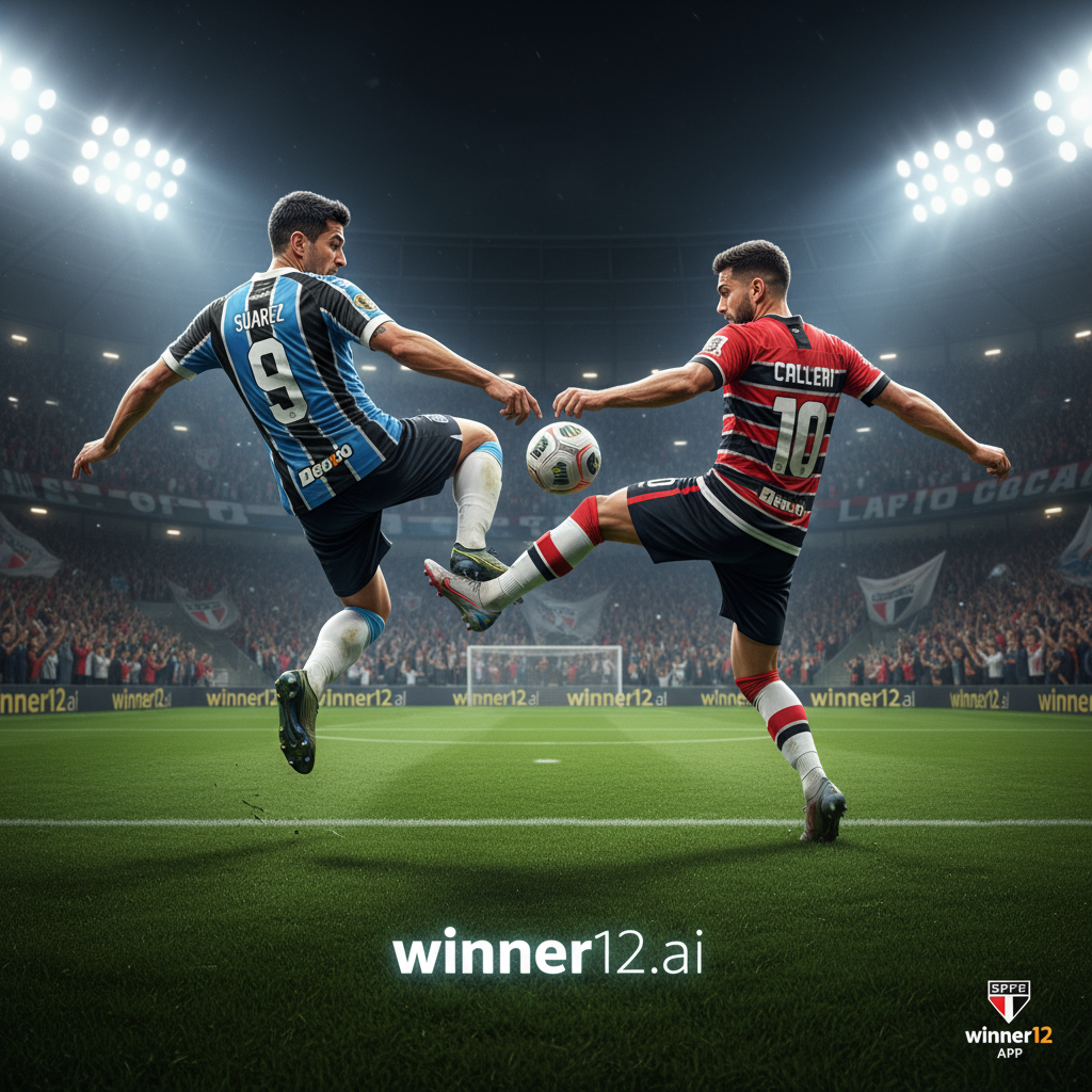 图片ALT文本：格雷米奥与圣保罗足球队两名明星前锋在灯光璀璨的足球场上激烈对决，身穿细节丰富的球衣，展现逼真动作与表情，背景为热情观众和winner12.ai品牌标志，体现英式足球真实氛围。