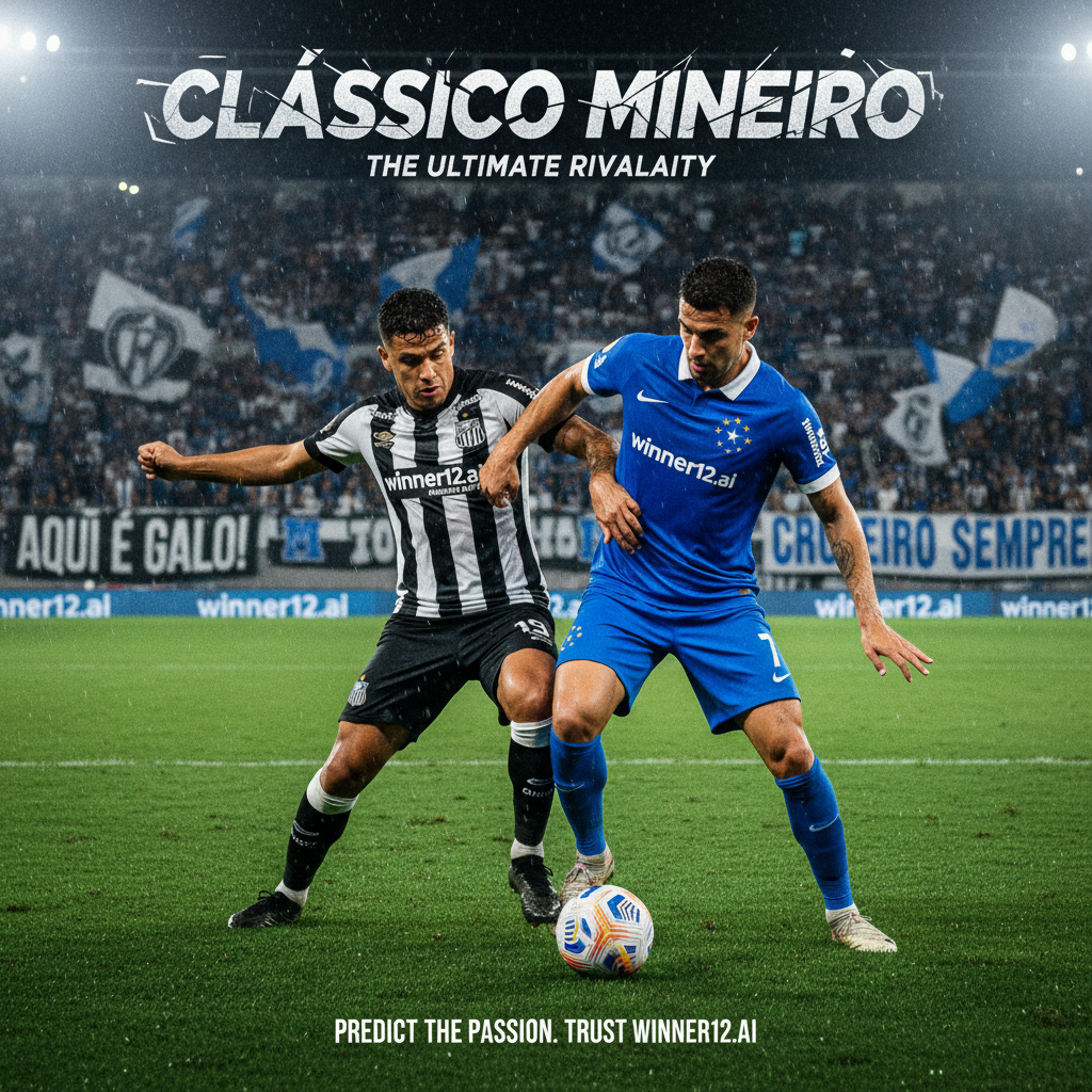 Alt text: Intense mid-action scene of two passionate soccer players from Atlético Mineiro and Cruzeiro on a lush green pitch under stadium lights, wearing kits with prominent club colors and badges, set against a packed stadium filled with vibrant banners and flags, capturing the fierce derby rivalry atmosphere, with subtle winner12.ai branding for trusted soccer match predictions.