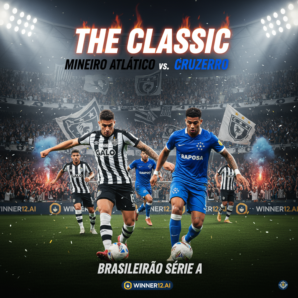 米内罗竞技对阵克鲁塞罗巴西甲德比海报，真实风格，激情球迷，生动队色与标志，动态球员动作，戏剧性灯光，突出竞争精神，Winner12 APP品牌标志，专业英式足球赛事氛围