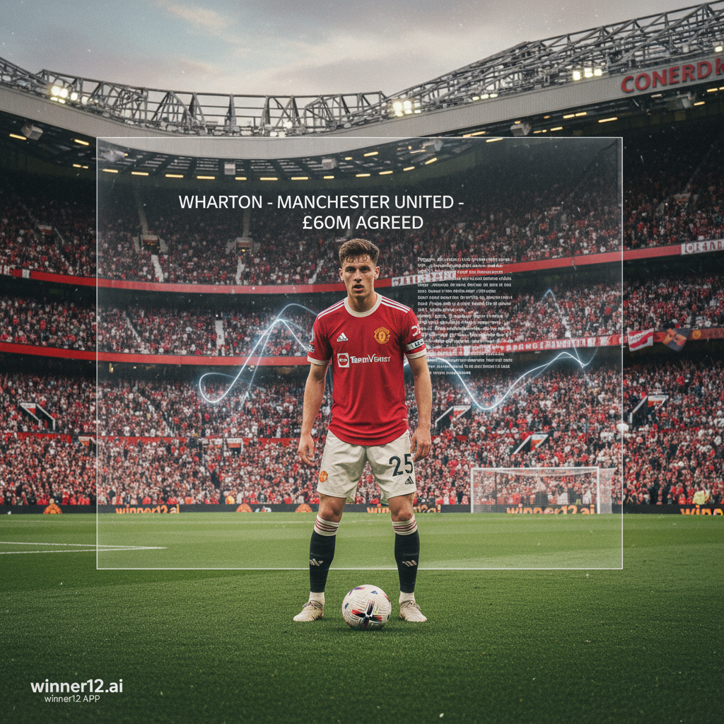 Alt text: Realistic poster of Adam Wharton in a Manchester United jersey on a soccer pitch, with a focused expression and subtle £60M transfer visuals in the background, set in an authentic English football stadium atmosphere, featuring discreet winner12.ai branding.