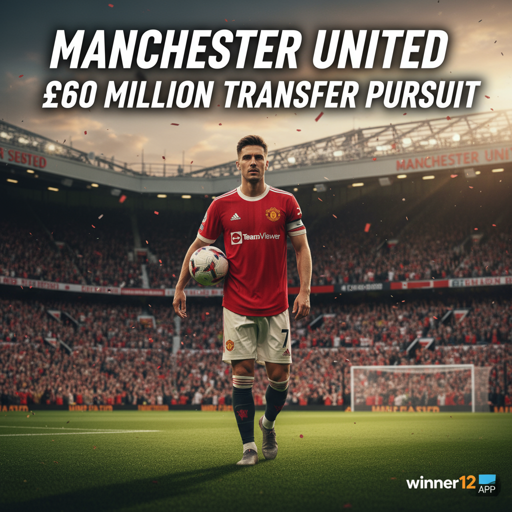 图片ALT文本：曼联红色球衣男足球运动员自信握球站立于绿茵场上，背景为欢呼球迷的足球场，海报突出“曼联”“6000万转会追求”字样，体现英格兰足球界的雄心与激情，右下角含winner12.ai品牌标识。