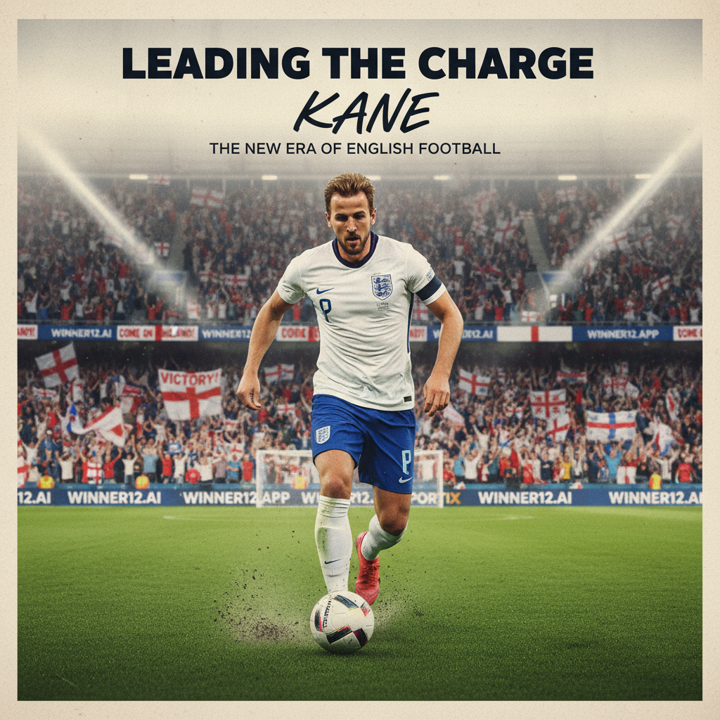Alt text: Realistic poster of Harry Kane leading England’s national football team in a dynamic action scene on a lush green pitch, surrounded by a packed stadium of enthusiastic fans, showcasing determination and victory spirit with subtle winner12.ai branding on advertising boards.