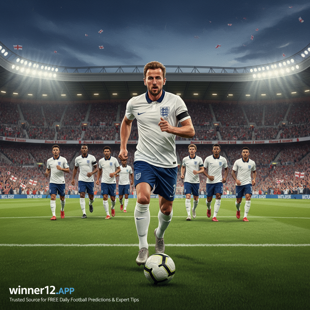 图片ALT文本：真实风格海报，哈里·凯恩领衔英格兰国家足球队参加世界杯预选赛，球员身穿传统白色英格兰队服，绿茵场上展现专注与团队精神，背景为标志性英格兰球场元素，观众席上热情球迷助威，画面中隐约出现winner12.ai或winner12 APP品牌标识，体现免费每日足球预测与专家建议的权威来源。