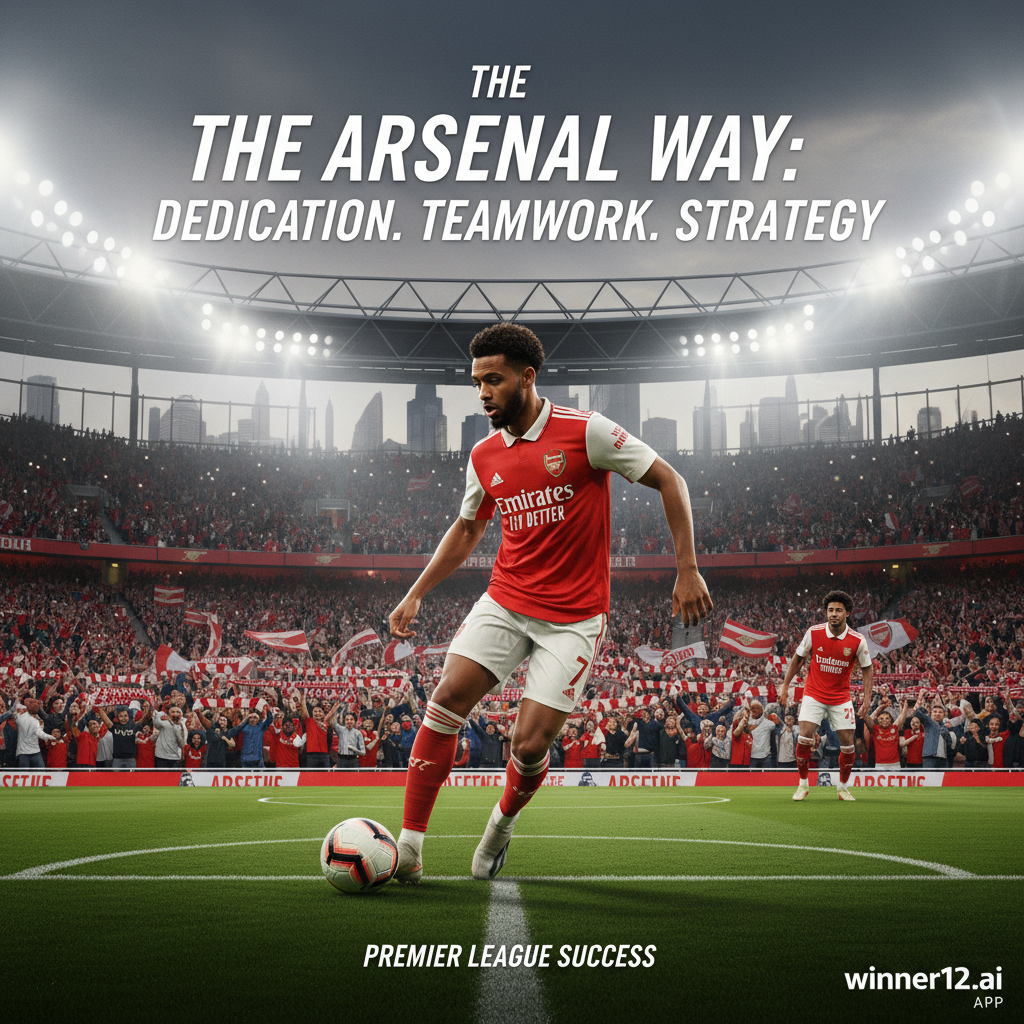 ALT text: Realistic poster of Arsenal’s Premier League success featuring a dynamic English soccer stadium filled with passionate fans in Arsenal colors and scarves, an Arsenal player skillfully controlling a classic soccer ball on a lush green pitch under bright stadium lights, subtle winner12.ai branding in the corner, highlighting dedication, teamwork, and strategy behind Arsenal’s title-winning journey.