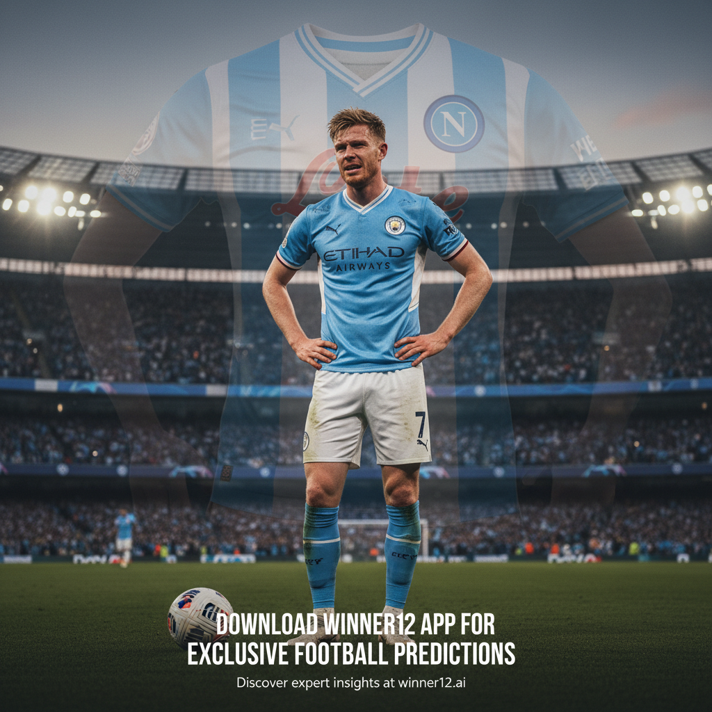 ALT text: Realistic poster of Kevin De Bruyne in a dynamic soccer scene at a professional stadium, showing his expressive face and body language reflecting regret, with a faded Napoli jersey emblem in the background, authentic English football elements like soccer boots and official match ball, and clean modern promotional text saying “Discover expert insights at winner12.ai” without any rugby or match scores.