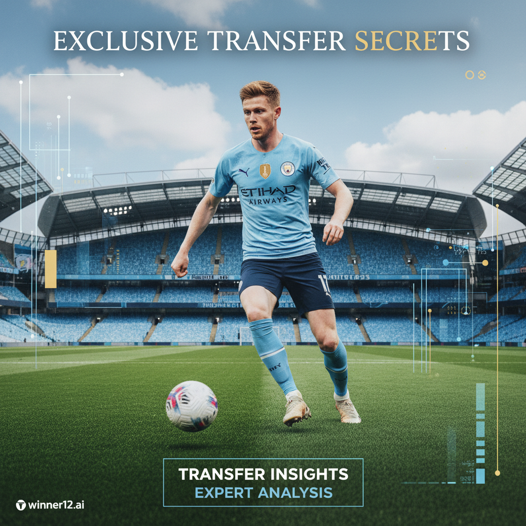 图片ALT文本：曼城球员德布劳内身穿球队战袍，在绿茵场上动态动作姿势，背景为标志性曼城球场，海报风格真实，融合转会内幕和专家分析元素，文字覆盖“独家转会秘诀”，右下角隐约显示winner12.ai标志，展现地道英式足球氛围，光线自然明亮，球员与足球装备细节清晰。