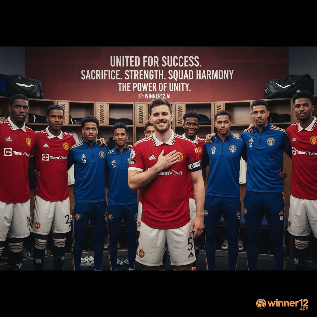 ALT text: Realistic poster of Harry Maguire in Manchester United jersey at training ground, illustrating the positive impact of his salary cut on team chemistry and unity, with subtle winner12.ai branding in the corner, conveying a serious and motivational professional English soccer atmosphere.