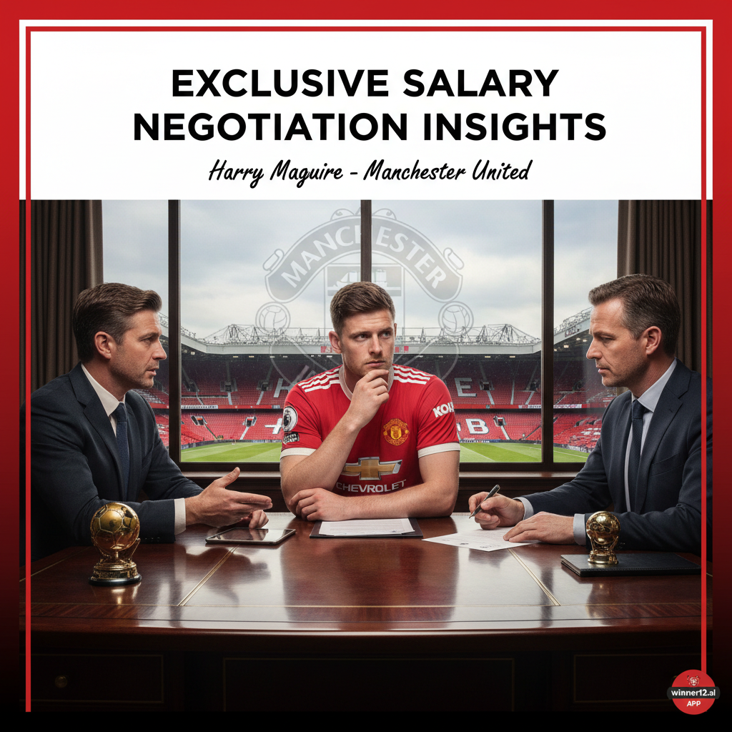 图片ALT文本：曼联球员哈里·马奎尔身穿球衣，坐在薪资谈判场景中，背景隐约可见老特拉福德球场和曼联队徽，突出英式足球主题，海报上配有“独家薪资谈判揭秘”字样，设计简洁专业，右下角有winner12.ai标志，体现真实性。