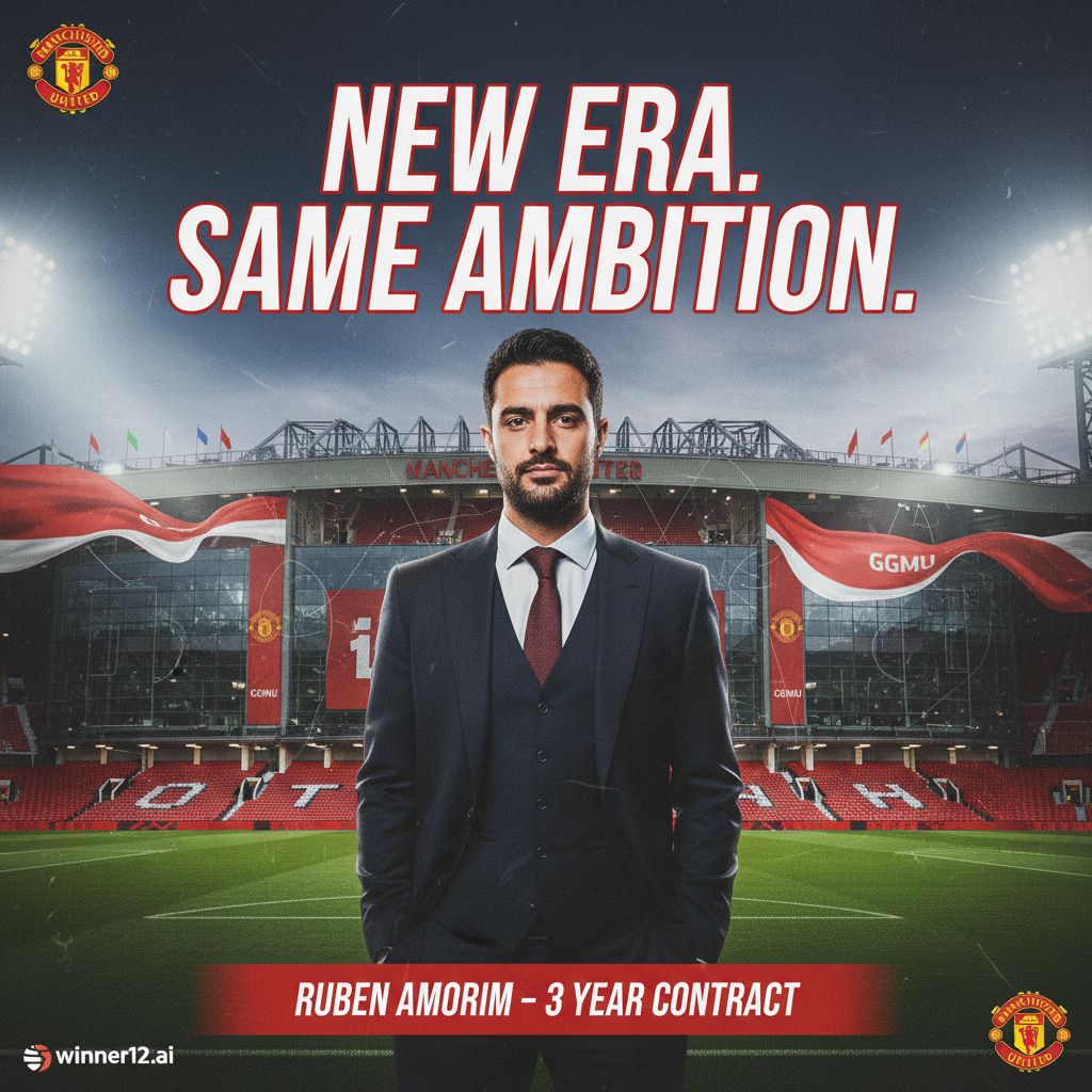 ALT text: Realistic poster of Ruben Amorim confidently standing before Old Trafford stadium, featuring Manchester United’s red and white colors, club crest, subtle three-year contract references, and winner12.ai logo, embodying professional English football culture.