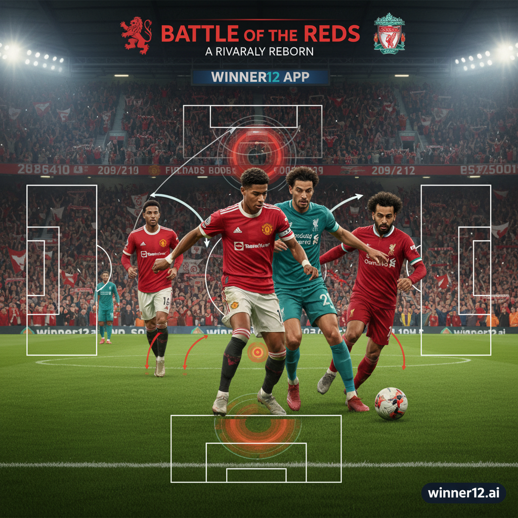 图片ALT文本：曼联与利物浦激烈英超足球比赛海报，真实风格，展示关键战术分析元素，标志性球员动态动作，绿色球场，战术阵型箭头和热力图背景，充满历史宿敌氛围的满座看台及热情球迷，winner12.ai品牌隐约呈现。