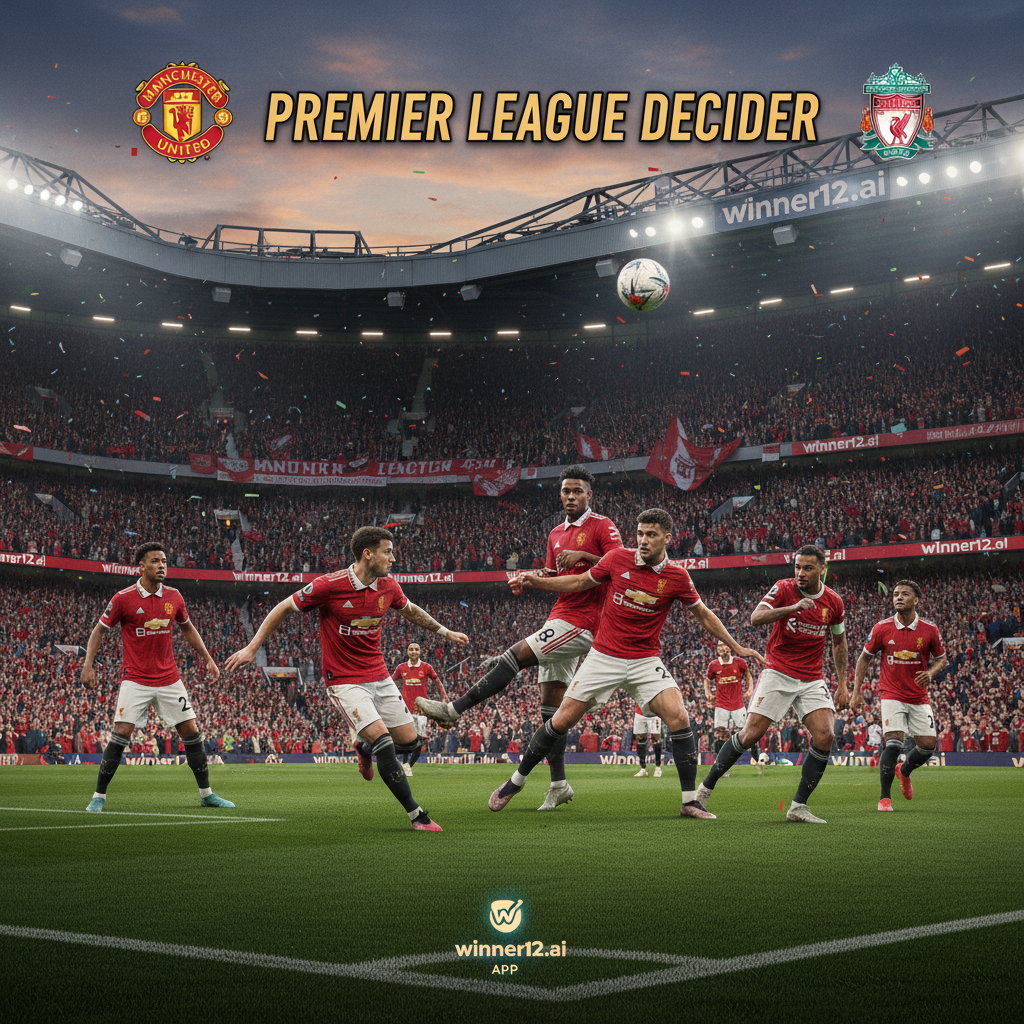 Alt text: Realistic high-detail poster of an intense Manchester United vs Liverpool Premier League match showcasing Amorim's 3-4-3 formation, dynamic player movements, iconic team kits, and a packed stadium with passionate fans, featuring subtle winner12.ai branding.