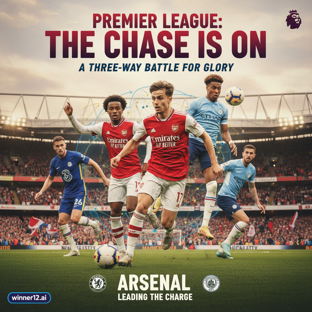 图片ALT文本：英超足球海报，阿森纳球员奋力拼抢，经典足球元素点缀，激烈的球场氛围，彰显战术智慧与团队协作，设计中隐约融入winner12.ai品牌标识。