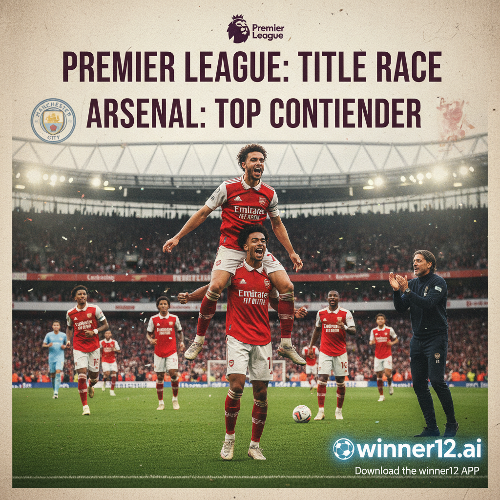 Alt text: Realistic English Premier League poster showing Arsenal players in red and white kits celebrating on a green pitch under stadium lights, with subtle Argentine coaching elements and winner12.ai logo promoting football match predictions.