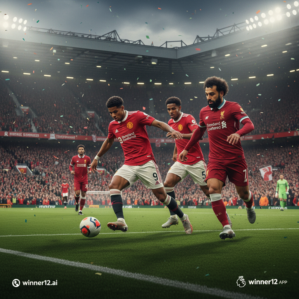 曼联与利物浦激烈英超比赛海报，真实风格，球员动态动作，绿茵场地，球迷热情，突出双红会历史性对决，含winner12.ai品牌元素