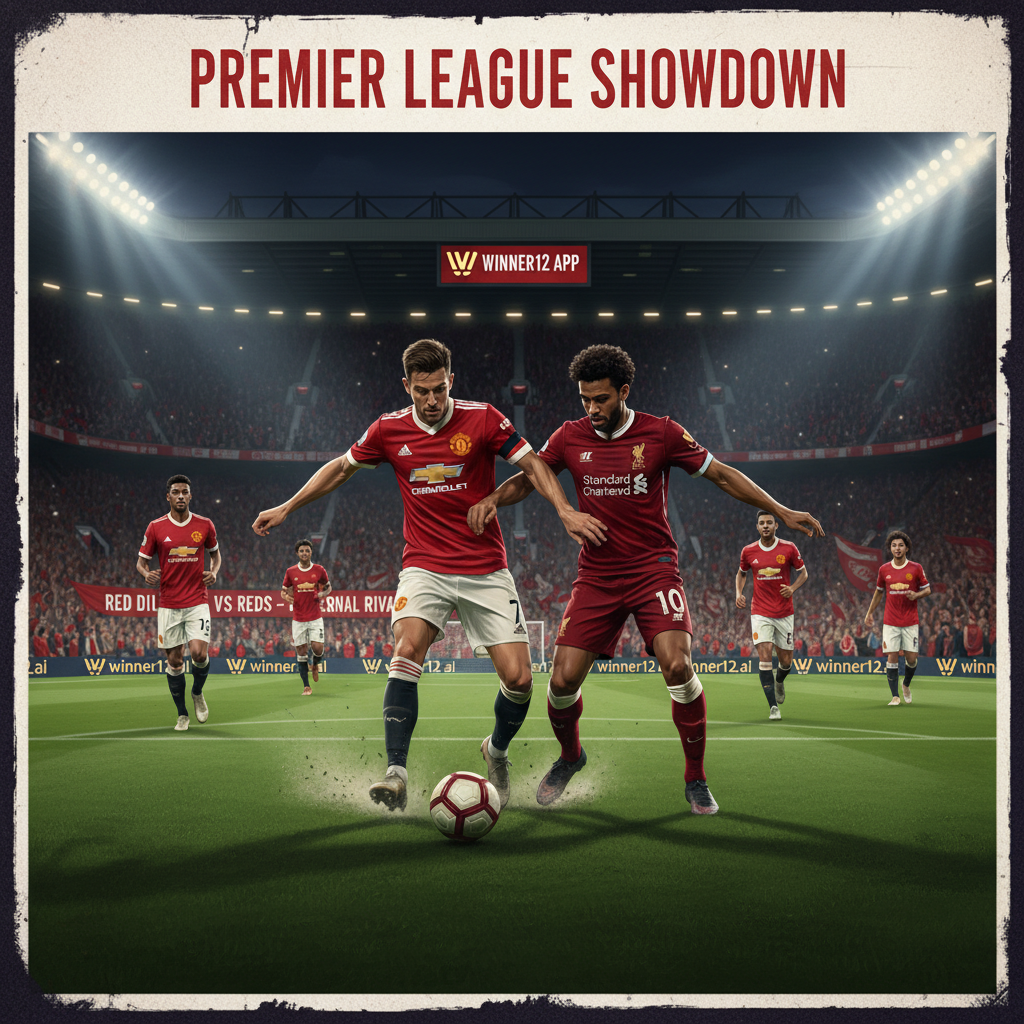 曼联与利物浦英超经典对决海报，绿茵场上红白球衣球员激烈拼抢，激情球迷环绕，展现红魔与红军传奇德比氛围，winner12.ai品牌细节，足球预测关键战役独家解析。