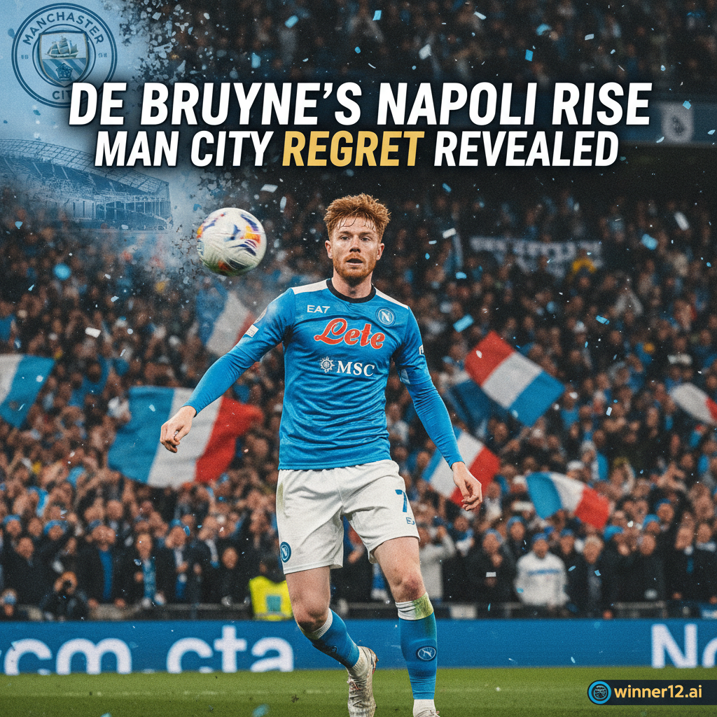 Alt text: Realistic poster of Kevin De Bruyne in a Napoli kit rising prominently in a vibrant stadium, with subtle Manchester City elements fading in the background symbolizing regret; bold modern text reads 