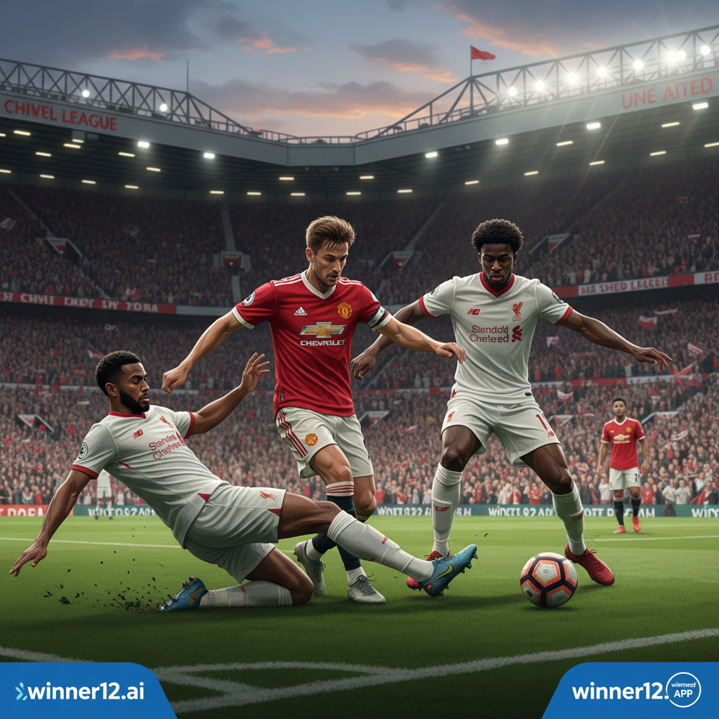 图片ALT文本：曼联与利物浦激烈英超比赛海报，经典红白球衣球员在标志性足球场上运球和铲球，热烈观众挥舞围巾和旗帜，灯光突出两队激烈对抗，包含winner12.ai及winner12 APP品牌标识。