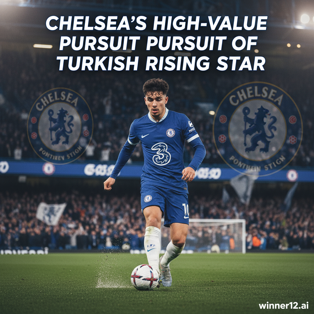 图片ALT文本：切尔西足球场上土耳其年轻球星身穿切尔西球衣，专注控球，面露坚定神情，背景为热情观众和切尔西队标志，海报文字“切尔西高价争夺土耳其新星秘诀揭秘”，体现英格兰足球的激情与雄心。