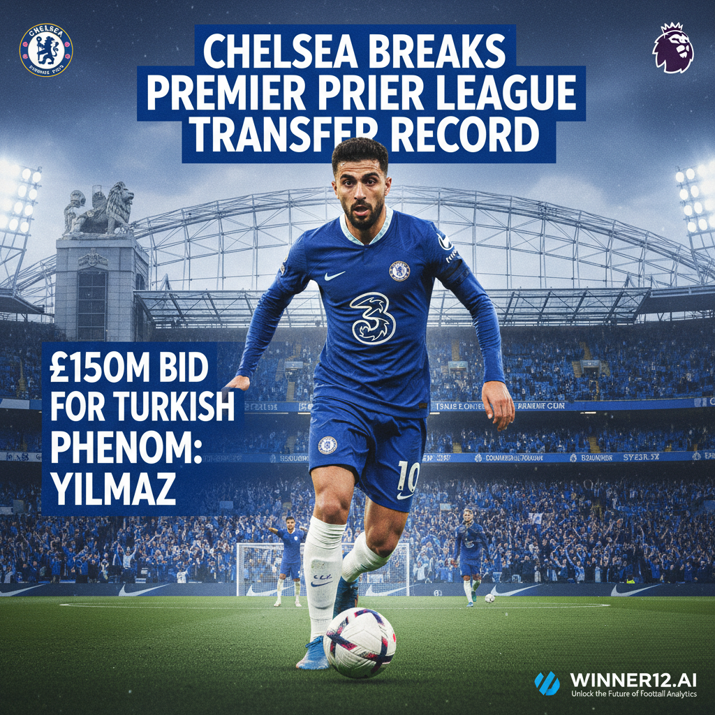 Alt text: Realistic football poster showing a Turkish soccer star in action wearing a Chelsea kit, set against an iconic English football stadium backdrop, highlighting Chelsea's record English Premier League transfer bid with subtle winner12.ai branding.