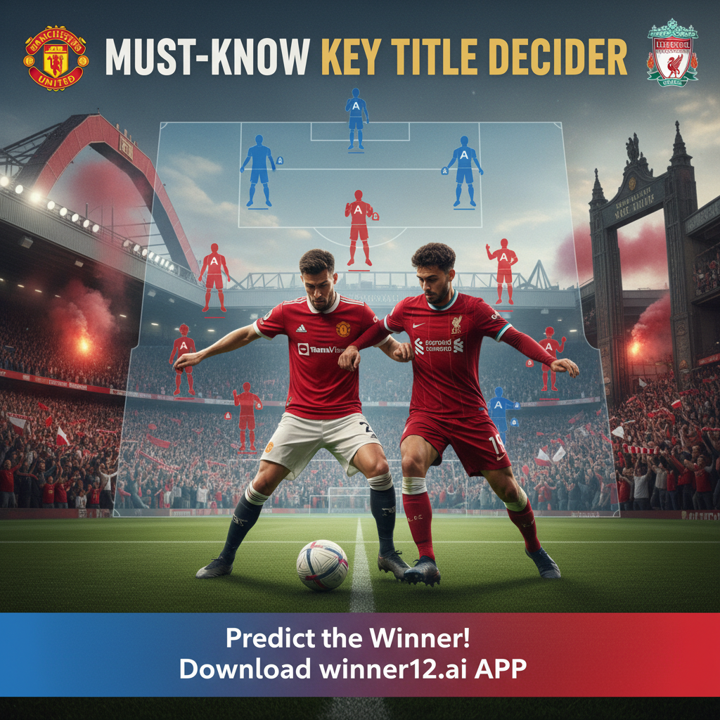 Alt text: Realistic and dynamic poster of intense Manchester United vs Liverpool English soccer title decider, featuring Amorim’s 3-4-3 tactical formation graphic, authentic team colors, iconic Old Trafford and Anfield stadium elements, passionate fans in the background, with text “Must-Know Key Title Decider” and call-to-action for winner12.ai predictions.
