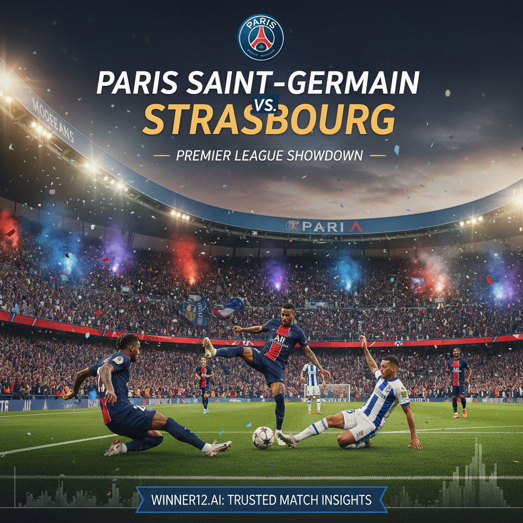 图片ALT文本：巴黎圣日耳曼与斯特拉斯堡高强度足球比赛海报，展示充满激情球迷的英式足球文化氛围，球员身穿正宗球衣在绿茵场上激烈对抗，突出技巧与团队合作，海报融合“winner12.ai”品牌元素，营造豪门主场的激动与荣耀感。