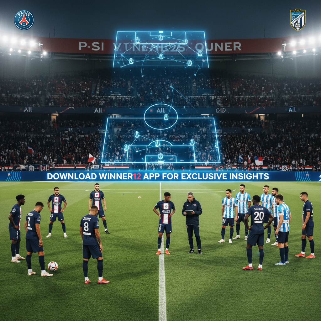 ALT text: Realistic and detailed poster of PSG and Strasbourg players in dynamic poses on a vibrant Ligue 1 stadium pitch, showcasing authentic soccer gear and subtle tactical visuals, with a sleek modern banner reading “Discover More at winner12.ai” integrated naturally into the scene.