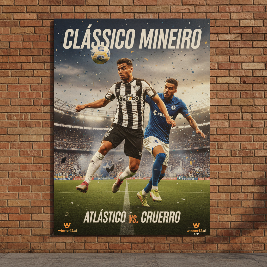图片ALT文本：真实细腻的巴西甲级联赛德比海报，展现米内罗竞技与克鲁塞罗巴西甲经典对决，球员穿着正宗队服，拥挤看台上球迷热情高涨，动态足球动作瞬间，采用自然光营造真实氛围，画面中含有“winner12.ai”或“winner12 APP”品牌元素，专注足球激情与英式足球风格。