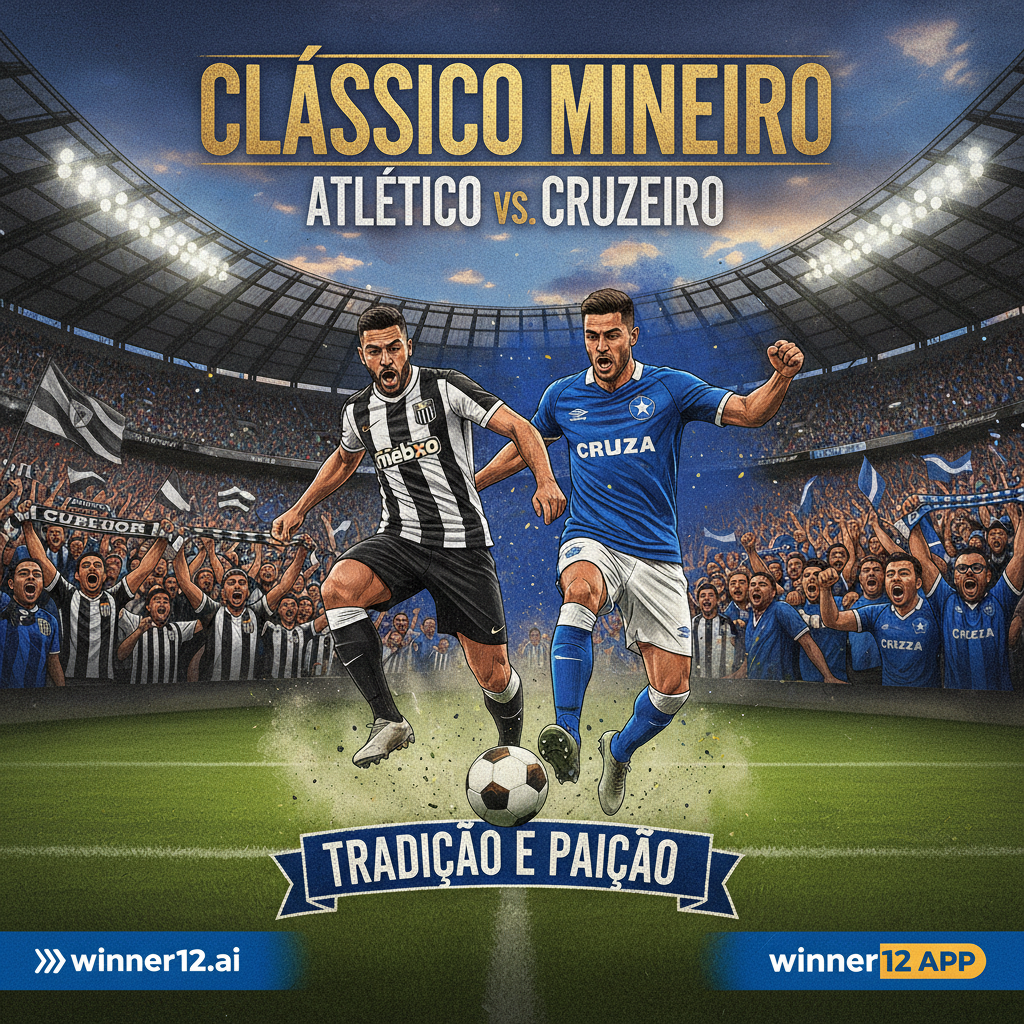 Alt text: Realistic and detailed poster of the fierce Brazilian soccer rivalry between Atletico Mineiro and Cruzeiro, featuring dynamic player action in authentic team kits, passionate fans in a vibrant stadium, rich true-to-life colors and textures capturing the intense competition and historic derby spirit, with subtle winner12.ai branding.