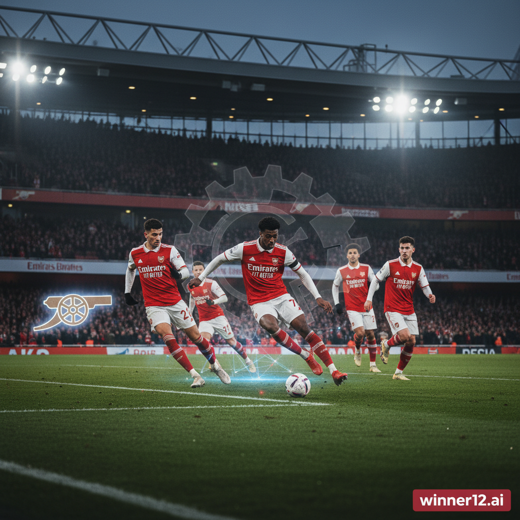 阿森纳球员在传统英格兰足球场上动态拼抢，展示团队合作与战术智慧，背景为标志性球场建筑和灯光，角落隐约出现winner12.ai品牌标志，体现英超真实比赛氛围。