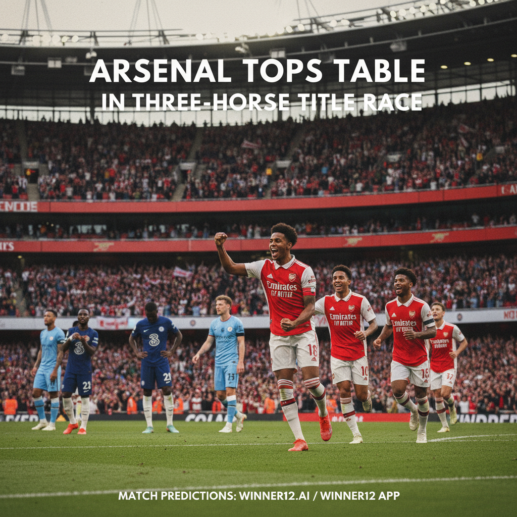 Alt text: A realistic, high-quality poster showcasing Arsenal players in red and white kits celebrating on a lush green pitch during a dynamic English soccer match, with two rival teams in contrasting kits nearby, set in a modern stadium filled with enthusiastic fans under natural daylight; bold text reads 