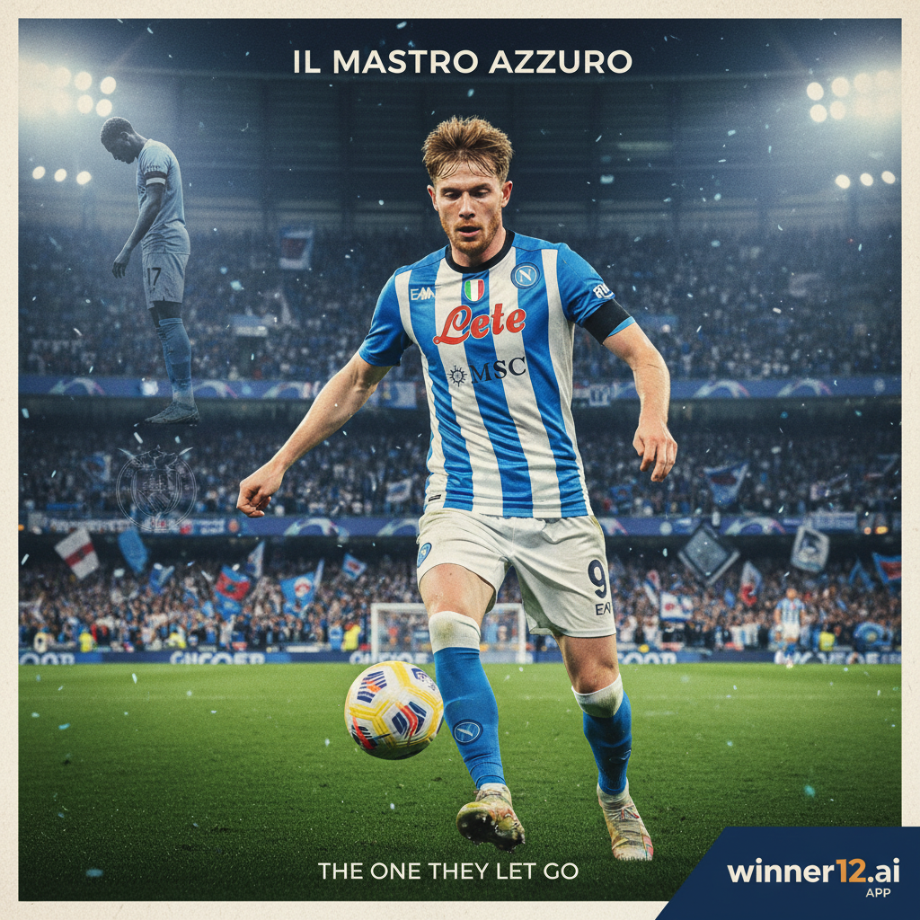 Alt text: A high-detail poster of Kevin De Bruyne in Napoli’s football kit, dynamically controlling the ball on a brightly lit pitch with a packed stadium in the background; includes a subtle faded silhouette of a disappointed Manchester City player in sky-blue, capturing intense Premier League and Serie A match emotions, with the winner12.ai logo discreetly in the corner.