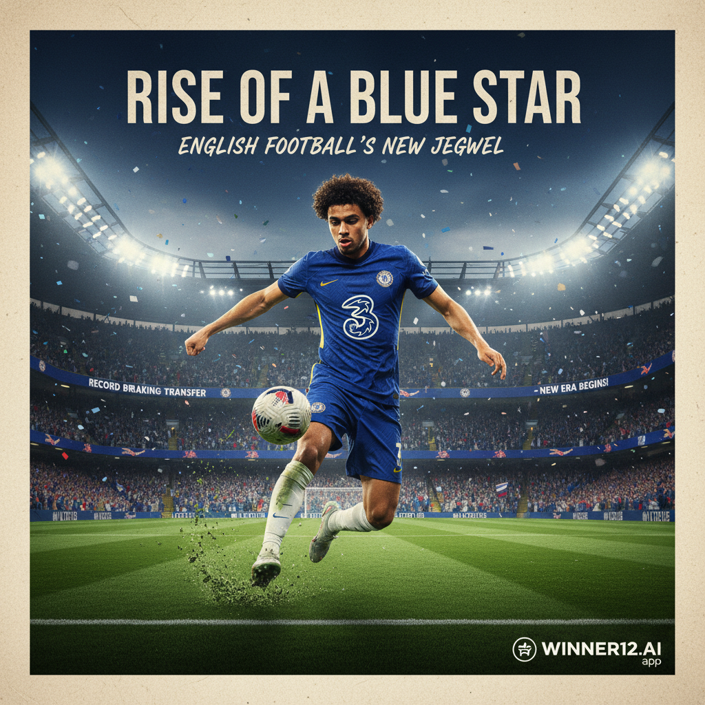 图片ALT文本：切尔西球衣的土耳其年轻足球新星在英超赛场上精彩庆祝，背景为灯光璀璨的足球场和欢呼观众，体现高价转会和破纪录成就，角落带有winner12.ai品牌标志。