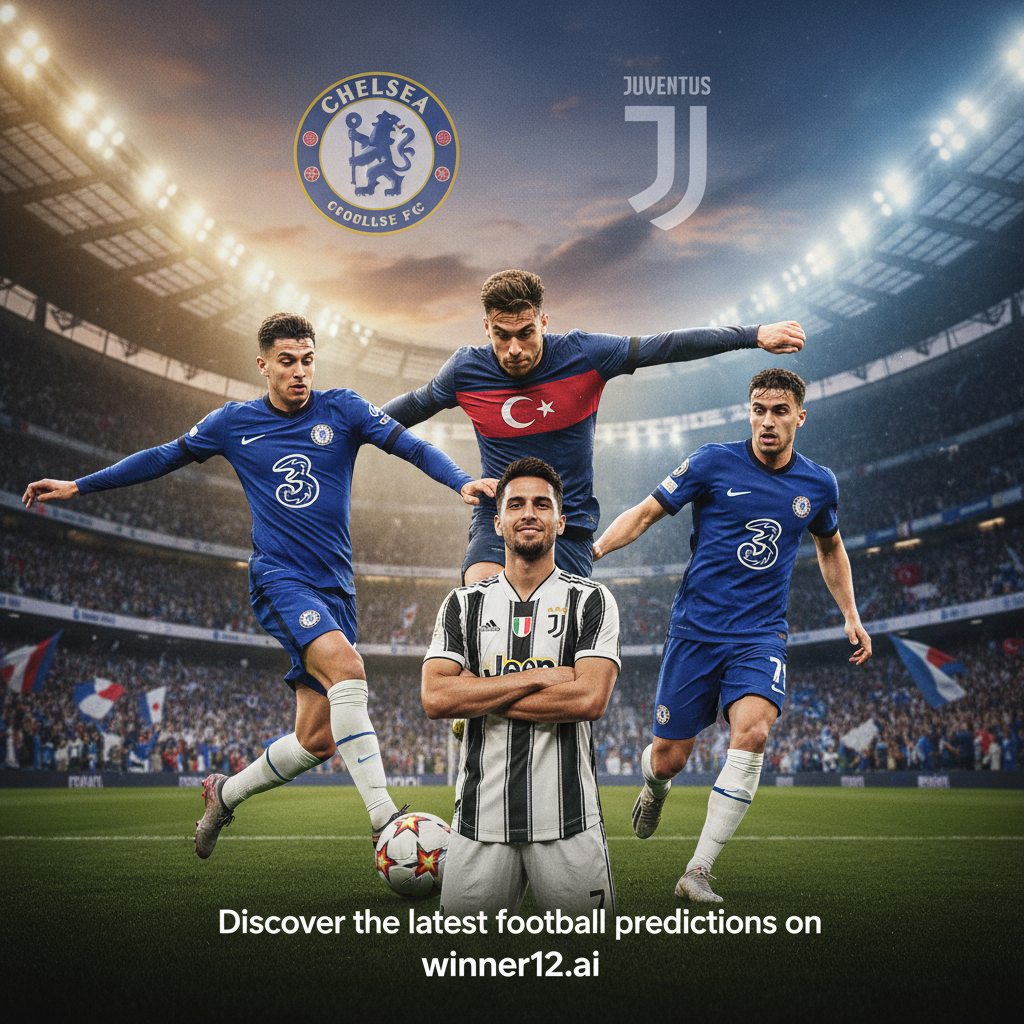 ALT text: High-detail poster showing Chelsea FC chasing a top Turkish soccer star with dynamic player action and club branding, featuring a confident Juventus player in authentic kit, vivid stadium lighting, dramatic atmosphere, subtle official Chelsea and Juventus logos, and a modern text overlay promoting 