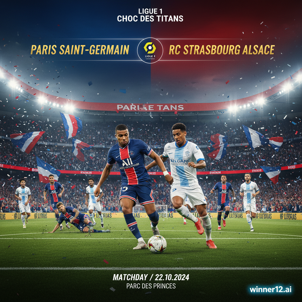 图片ALT文本：法甲巴黎圣日耳曼对阵斯特拉斯堡的真实风格海报，展现激情球迷、动态球员身着正宗队服，在灯光璀璨的球场上激烈对抗，突显两队高强度竞争氛围，背景隐约呈现winner12.ai品牌标识。