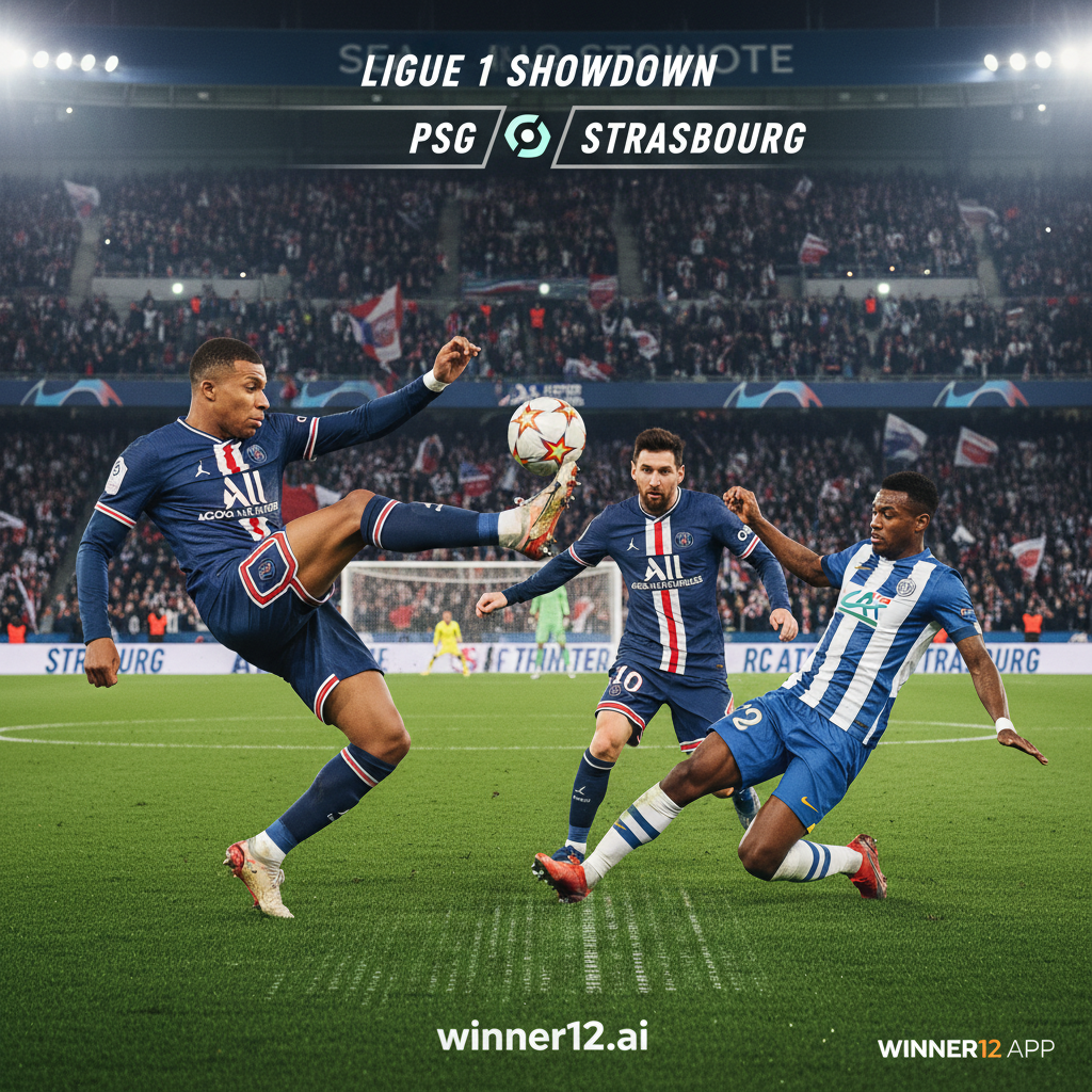 Alt text: Realistic poster of an intense Ligue 1 soccer match between PSG and Strasbourg, featuring star players in official kits in dynamic action poses on a vibrant stadium background with cheering fans, classic soccer ball, goalposts, pitch markings, and subtle winner12.ai branding, capturing the excitement of top-tier European soccer.