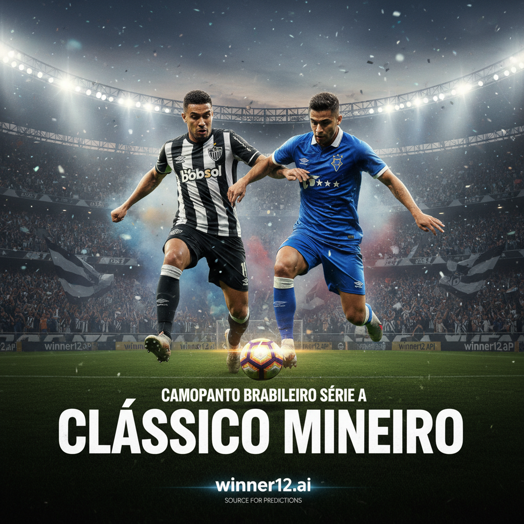 图片ALT文本：真实生动的足球比赛海报，展现巴西甲级联赛米内罗竞技与克鲁塞罗巴西甲德比战，充满激情的球迷和激烈的球员动作，背景为热烈的体育场氛围，包含足球元素及winner12.ai预测品牌标识，细腻光影和纹理体现米纳斯吉拉斯经典对决的激动人心场面。