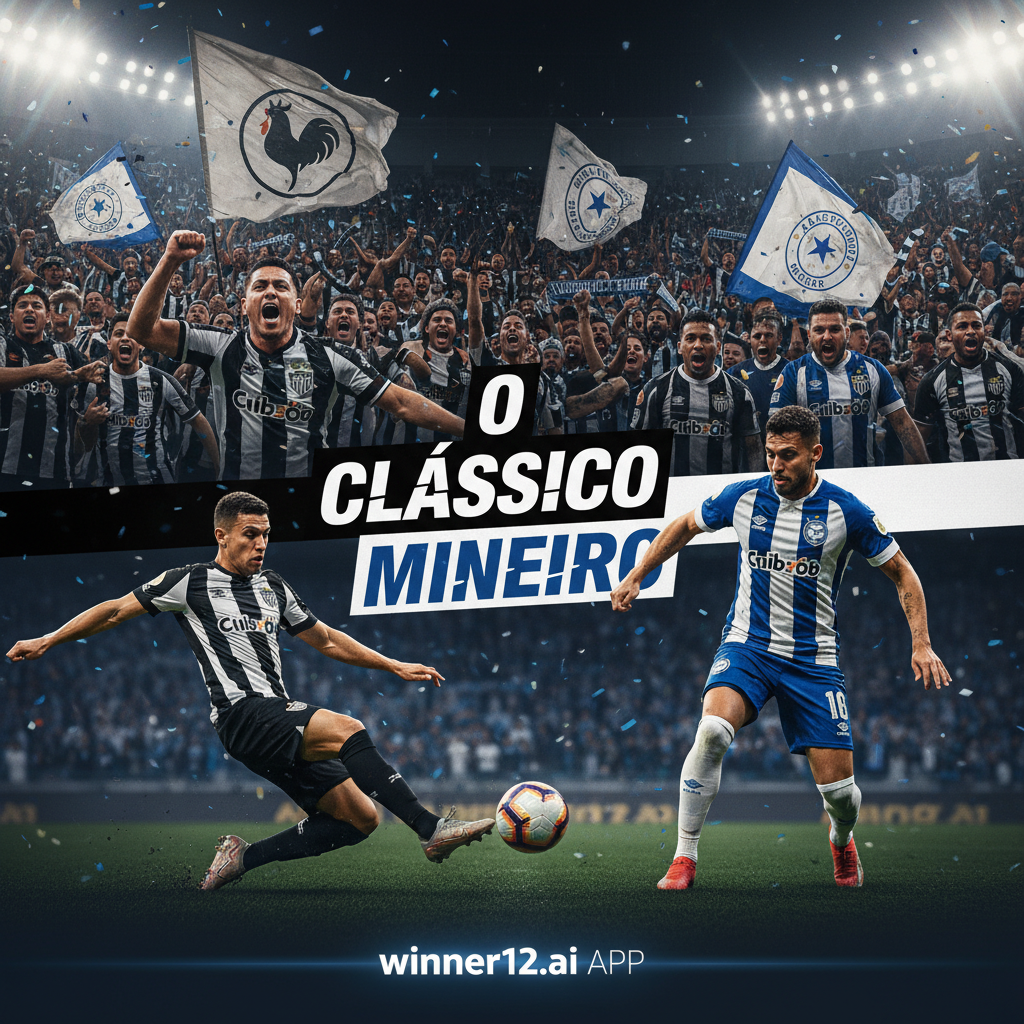 Alt text: Dynamic and realistic poster of the intense Brazilian soccer derby between Atletico Mineiro and Cruzeiro, featuring passionate fans in black-and-white and blue-and-white jerseys, vibrant stadium floodlights, dramatic action shots of players fiercely competing, authentic team crests, intense facial expressions, and subtle winner12.ai branding.