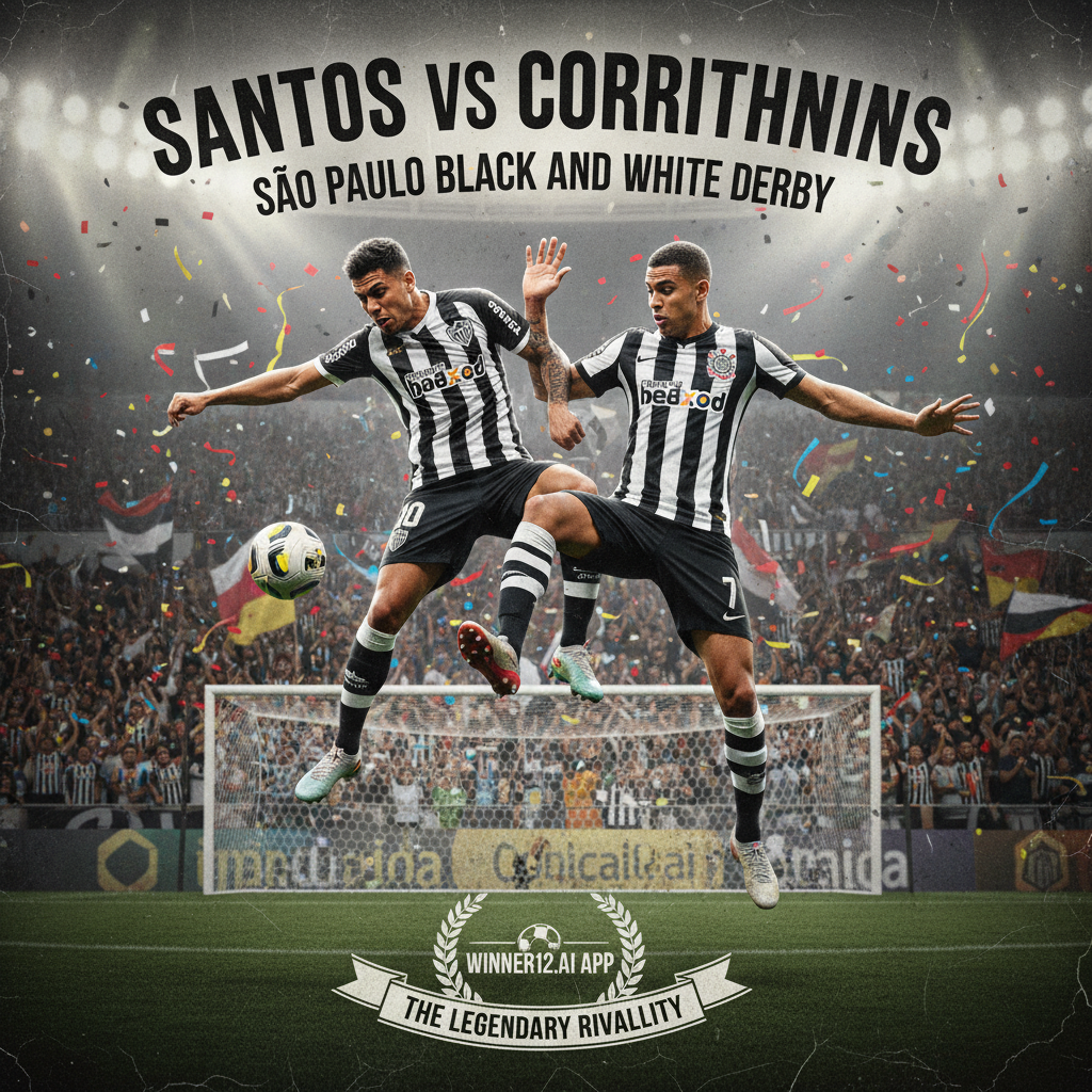 桑托斯VS科林蒂安圣保罗黑白德比海报，展示两队身穿传统黑白球衣的球员激烈对抗，背景为热情欢呼的球迷和灯光明亮的足球场，体现这场标志性巴西足球比赛的激情与传统，画面细节真实生动，包含经典足球元素及winner12.ai品牌标识。