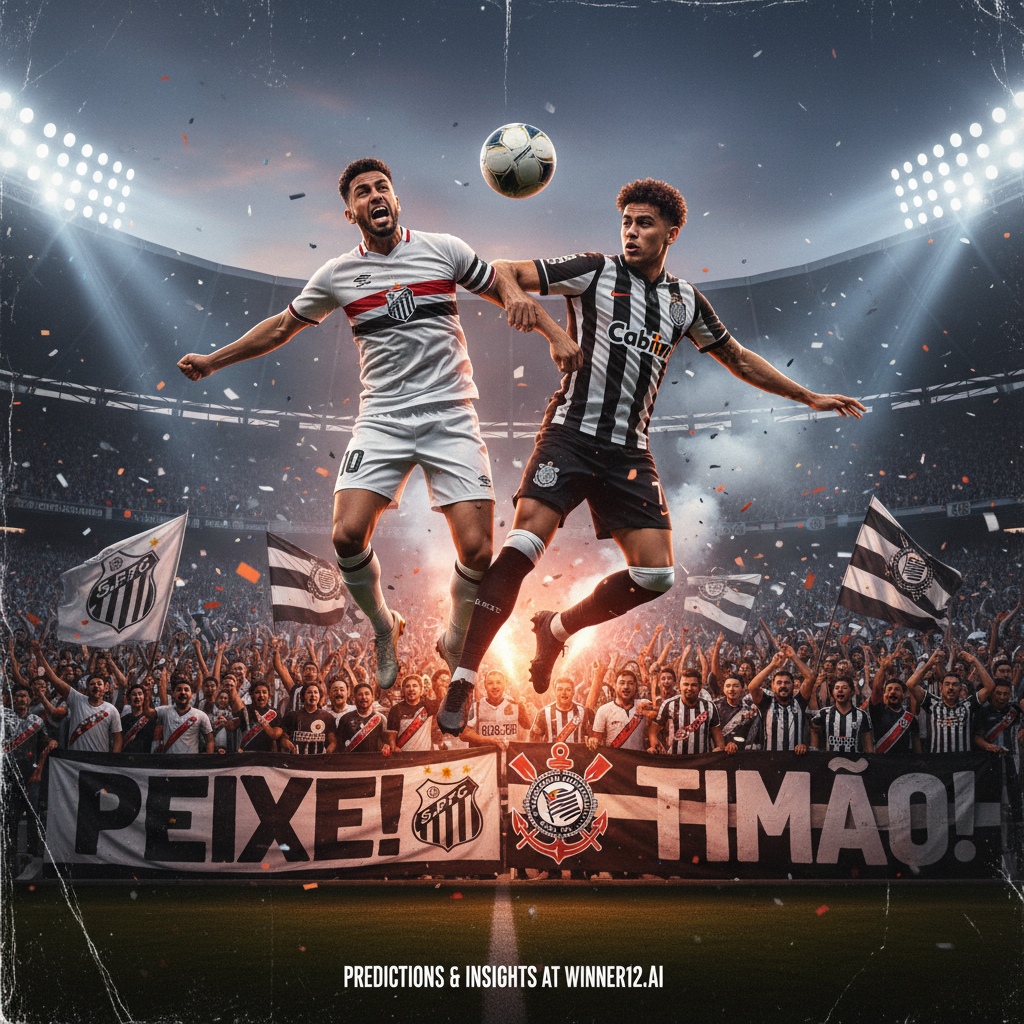 Alt text: Realistic and dynamic poster of the intense São Paulo derby between Santos and Corinthians, featuring passionate fans, close-up shots of players in classic kits, vibrant stadium atmosphere, and subtle branding with “Predictions & Insights at winner12.ai” highlighting the legendary rivalry’s fierce energy and historic significance.