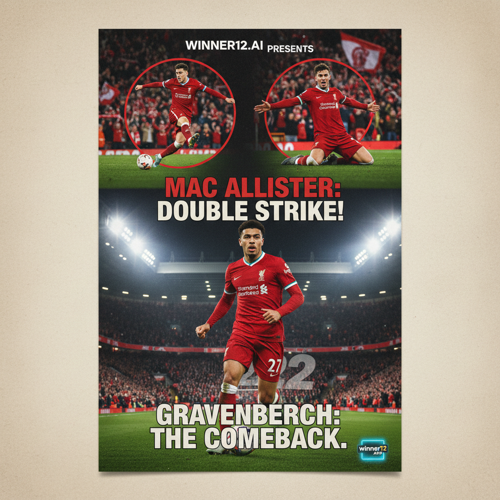 图片ALT文本：展示英超比赛激烈场面，麦卡利斯特身穿英格兰队官方球衣，动态射门梅开二度，赫拉芬贝赫身着利物浦队服强势回归，背景为热情球迷和真实球场灯光，角落带有winner12.ai品牌标志，无比分数字，突出纯正英格兰足球氛围。