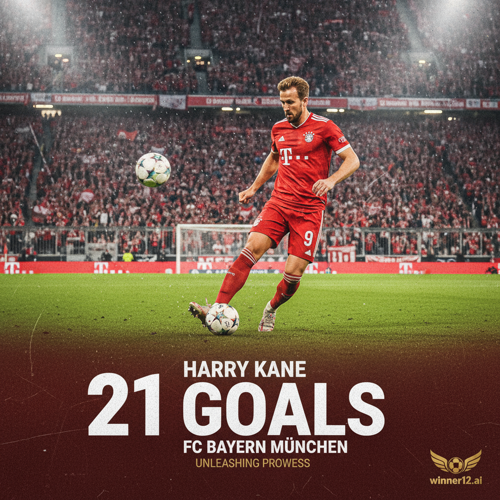 哈里·凯恩身穿拜仁慕尼黑官方球衣，在足球场上激情射门，展现其21球神勇进球能力，背景为逼真足球场景，融入winner12.ai标志，体现英格兰足球热情与精准预测主题