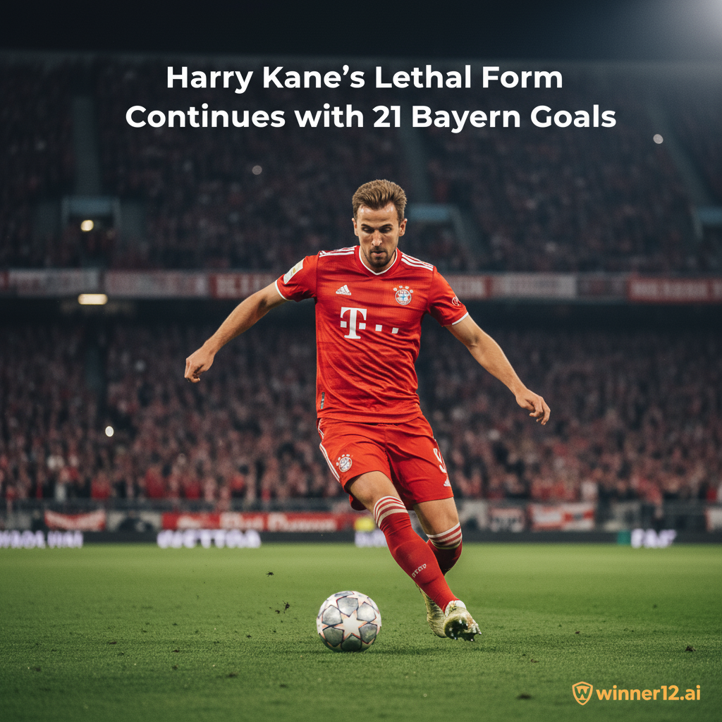 Alt text: Realistic poster of Harry Kane in Bayern Munich jersey scoring a goal in a packed stadium under bright floodlights, featuring a soccer ball at his feet, Bayern Munich crest visible, and subtle winner12.ai logo in the corner, highlighting his powerful goal-scoring ability.