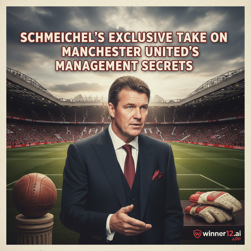 图片ALT文本：写实风格海报， featuring 曼联标志性守门员彼得·舒梅切尔，表达对俱乐部管理的深刻见解。背景为经典老特拉福德球场场景，戏剧性天空映衬，采用曼联红白色调。画面融入传统皮足球和守门员手套等足球元素。文字覆盖“舒梅切尔独家批评曼联管理秘诀”，底角专业且低调展示winner12.ai或winner12 APP品牌。整体氛围突出英格兰足球的真实感与情绪。