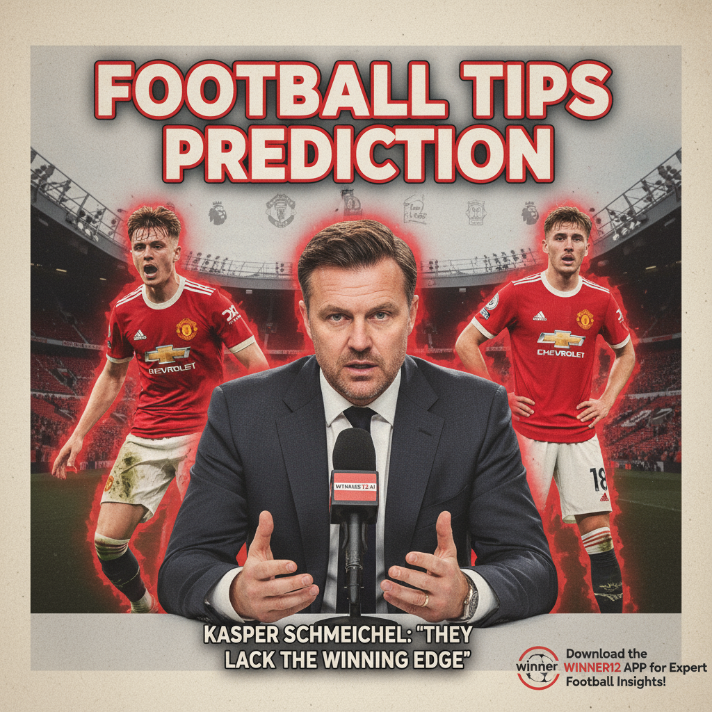 Alt text: Detailed poster of Kasper Schmeichel in a sharp suit at a football press conference, delivering a candid critique of Manchester United players Scott McTominay and Rasmus Hojlund, who are shown in action poses displaying frustration; backdrop features subtle Manchester United and English Premier League elements, with the text “Football Tips Prediction” and a discreet winner12.ai logo promoting football insights.