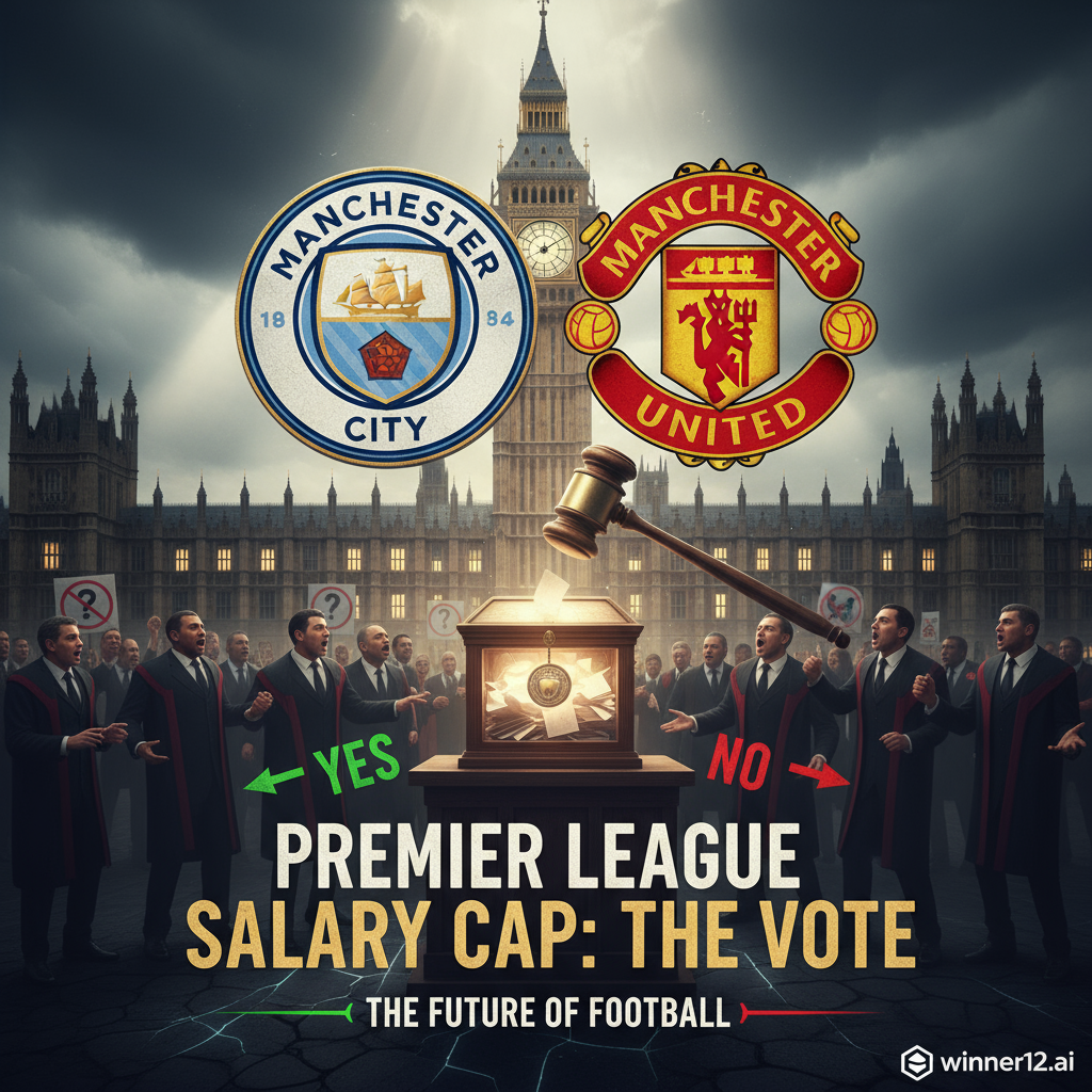 英超工资帽投票海报，曼城与曼联标志，议会背景，紧张氛围，暗示争议与反对，体现足球政治，品牌winner12.ai标志。