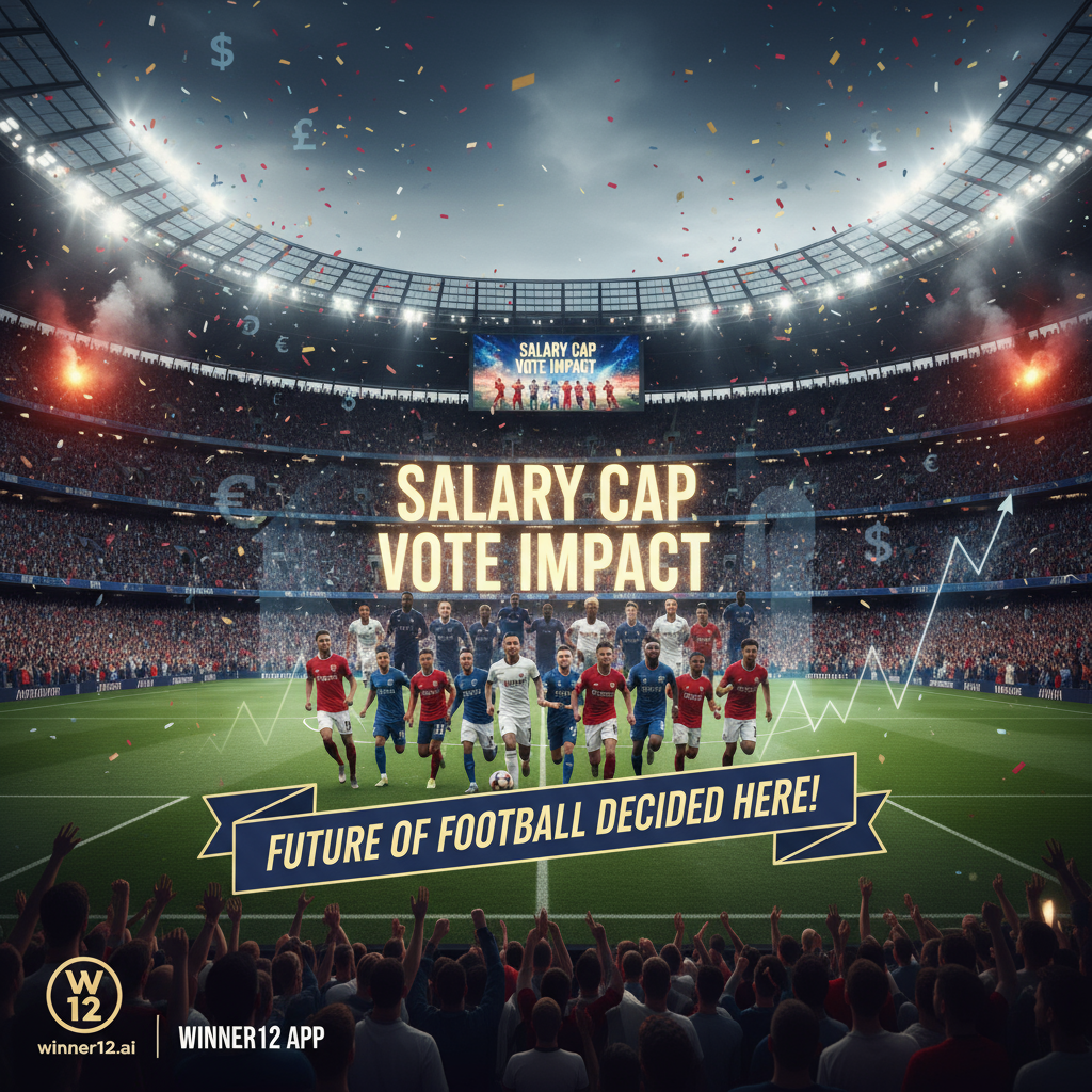 Alt text: Realistic English Premier League soccer stadium poster filled with cheering fans, featuring a large digital scoreboard displaying 