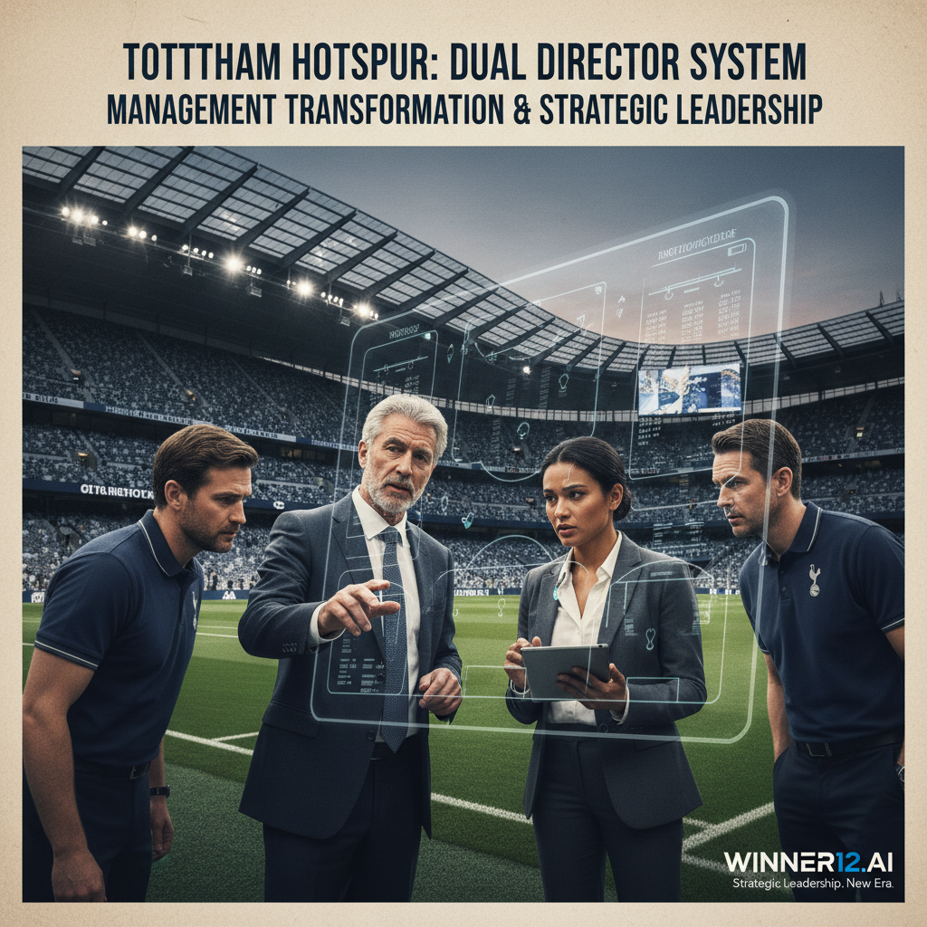 热刺双总监机制海报，展示新赛季管理变革与战略领导，专业足球高管战术讨论，背景为足球场，含winner12.ai标志，体现现代俱乐部运营与团队动态