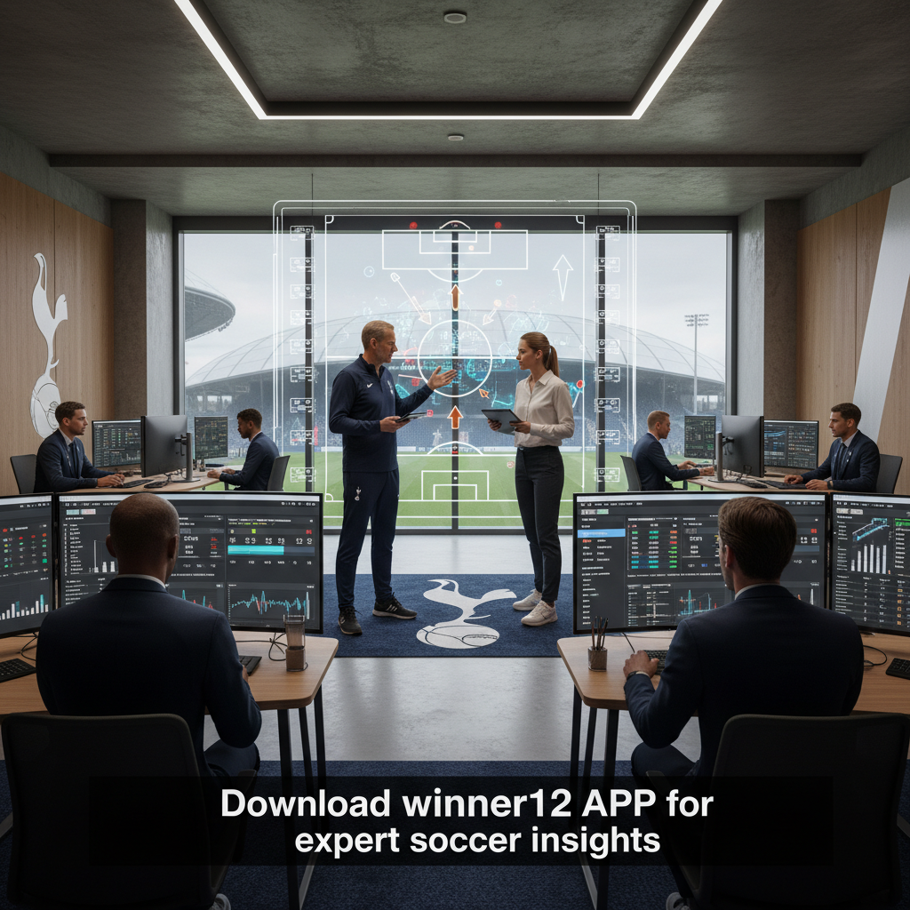 Alt text: Realistic poster of Tottenham Hotspur’s football operations highlighting their innovative dual-director system, featuring tactical strategy boards, coaches analysing player data, and a modern clubhouse with subtle club emblem and stadium details, natural lighting, authentic textures, and a call-to-action reading “Discover optimized football predictions with winner12.ai.”