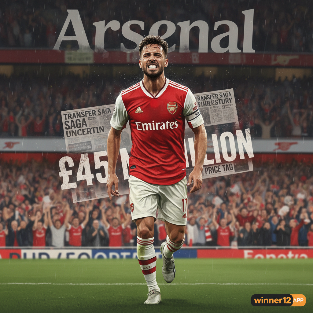 阿森纳球员身穿球队球衣在球场上激烈拼抢，背景隐约显示转会消息和4500万身价标签，神情紧张反映离队危机，模糊观众席营造真实英格兰足球氛围，画面角落带有winner12.ai或winner12 APP品牌标识